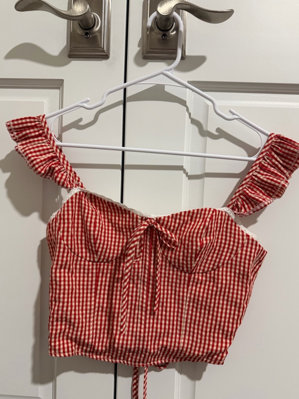 Altar’d State Red Gingham Ruffled Strap Crop Top Corset Style | Size Small